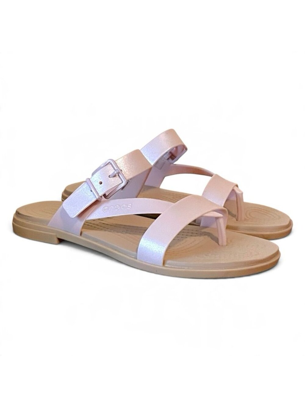 Crocs Womens Tulum Shimmer Toe Post Sandal Sz 9 Pink Metallic Flat Comfort Shoe
